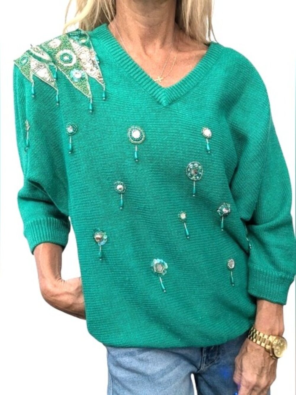 Vintage 80s Marina Beaded Sequin Sweater L Green Ramie Cotton Maximalist